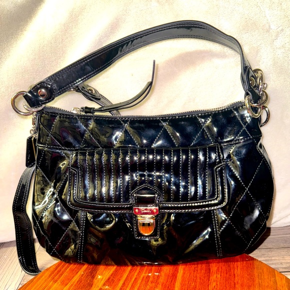 Coach Handbags - Coach Black Patent Leather Handbag Purse pink lining coach logo quilted pattern